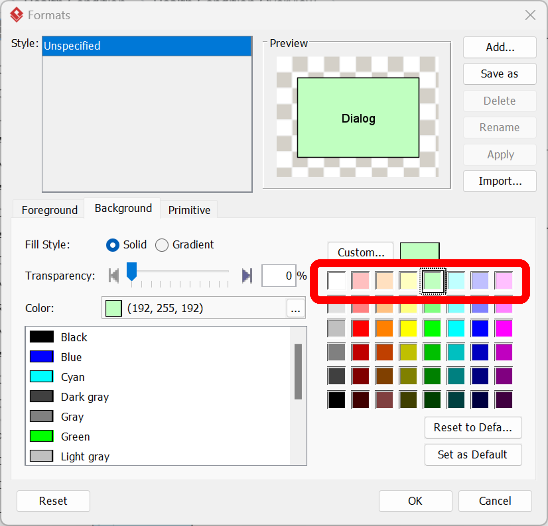 Visual Paradigm formatting window showing the color grid. The top row (R1), highlighted in red, contains the color options used for note categories.